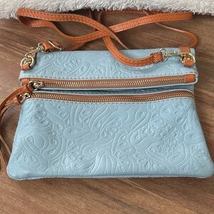 Genuine Leather Crossbody Purse - Light Blue & Brown - Made in Italy